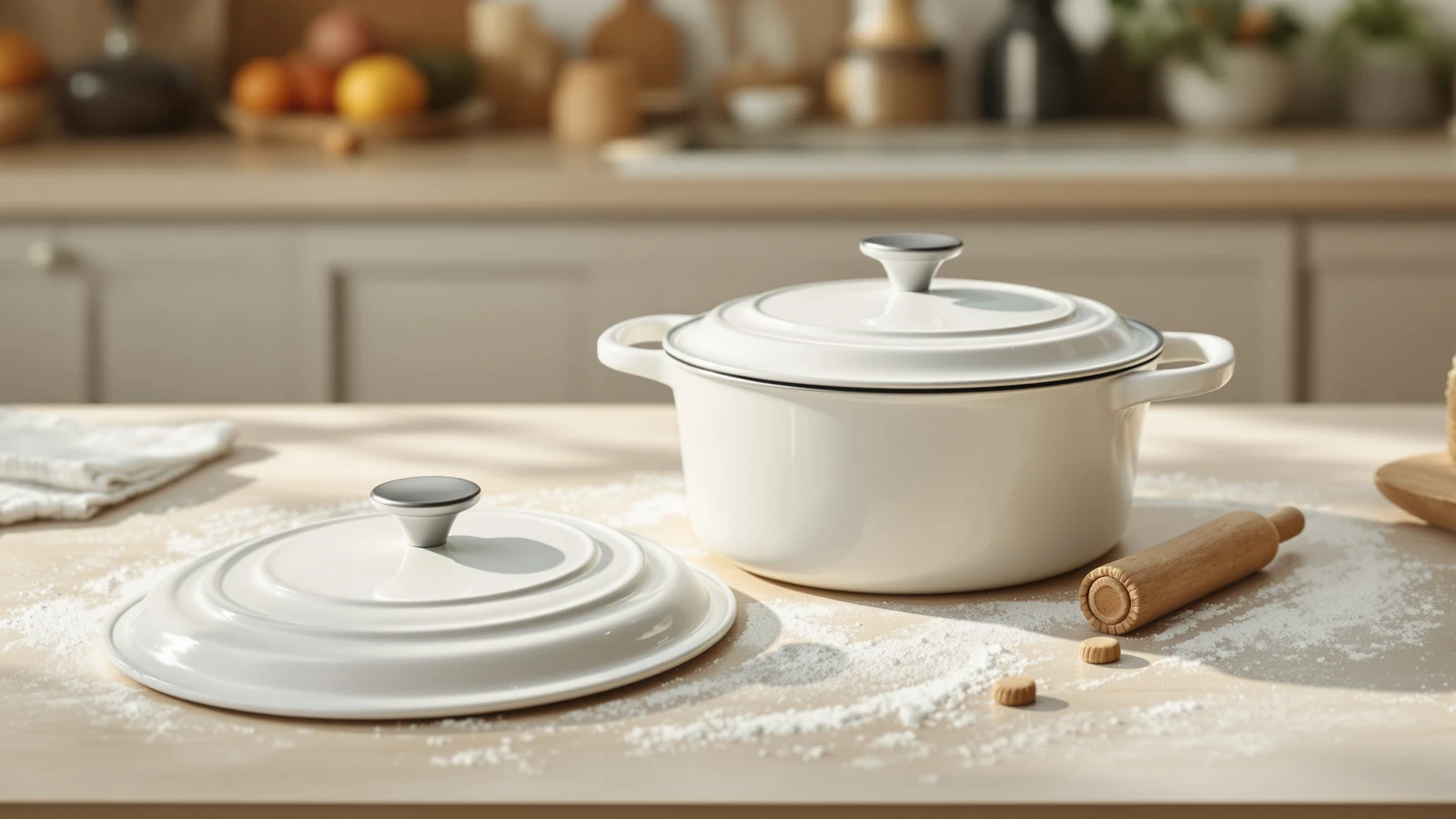 Enameled cast iron Dutch ovens arranged with a baked sourdough boule on a kitchen counter