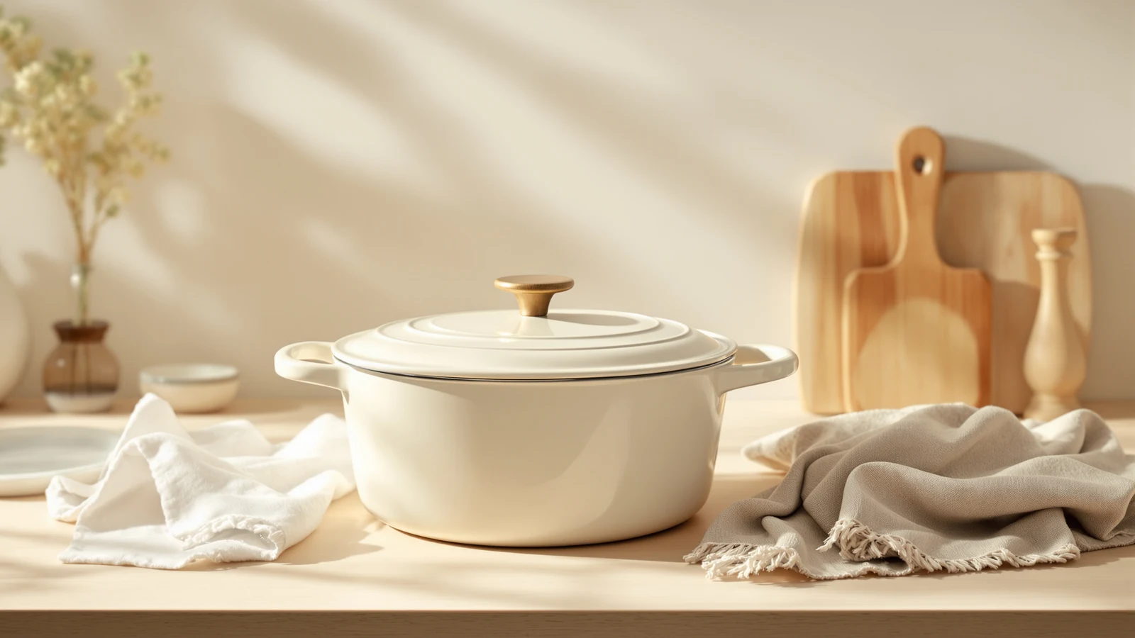 Enameled cast iron Dutch ovens under one hundred dollars arranged on a kitchen counter