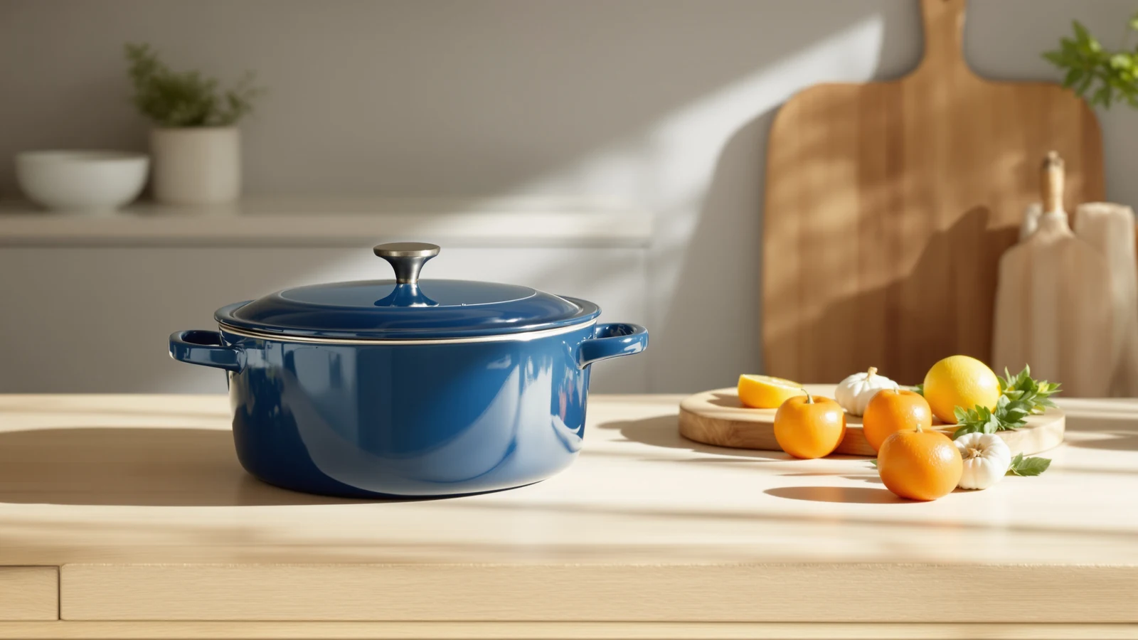 An enameled cast iron Dutch oven beside a bare cast iron pot on a kitchen counter