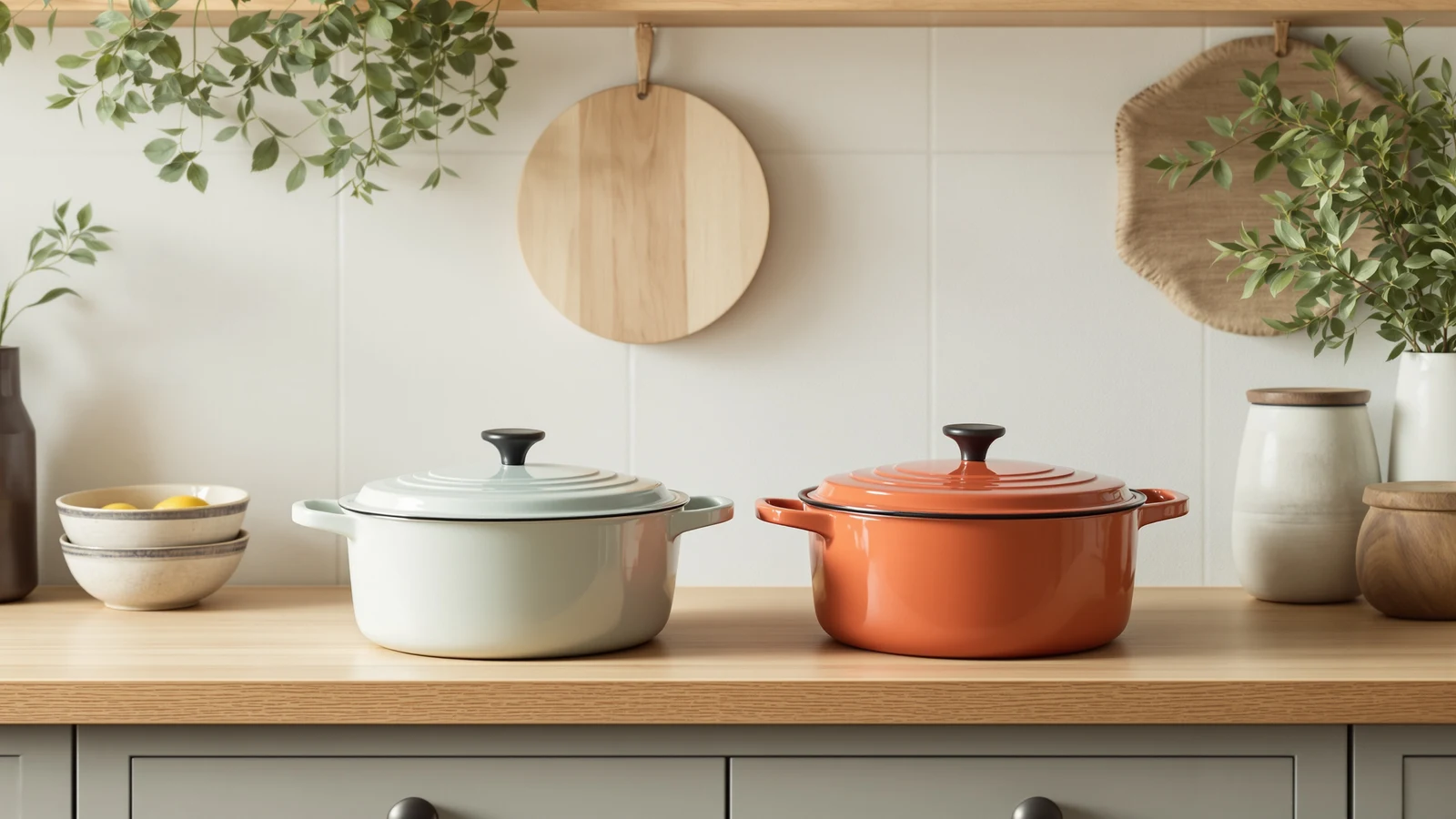A dark Le Creuset style enameled cast iron Dutch oven and a lighter Lodge enameled Dutch oven side by side on a kitchen counter