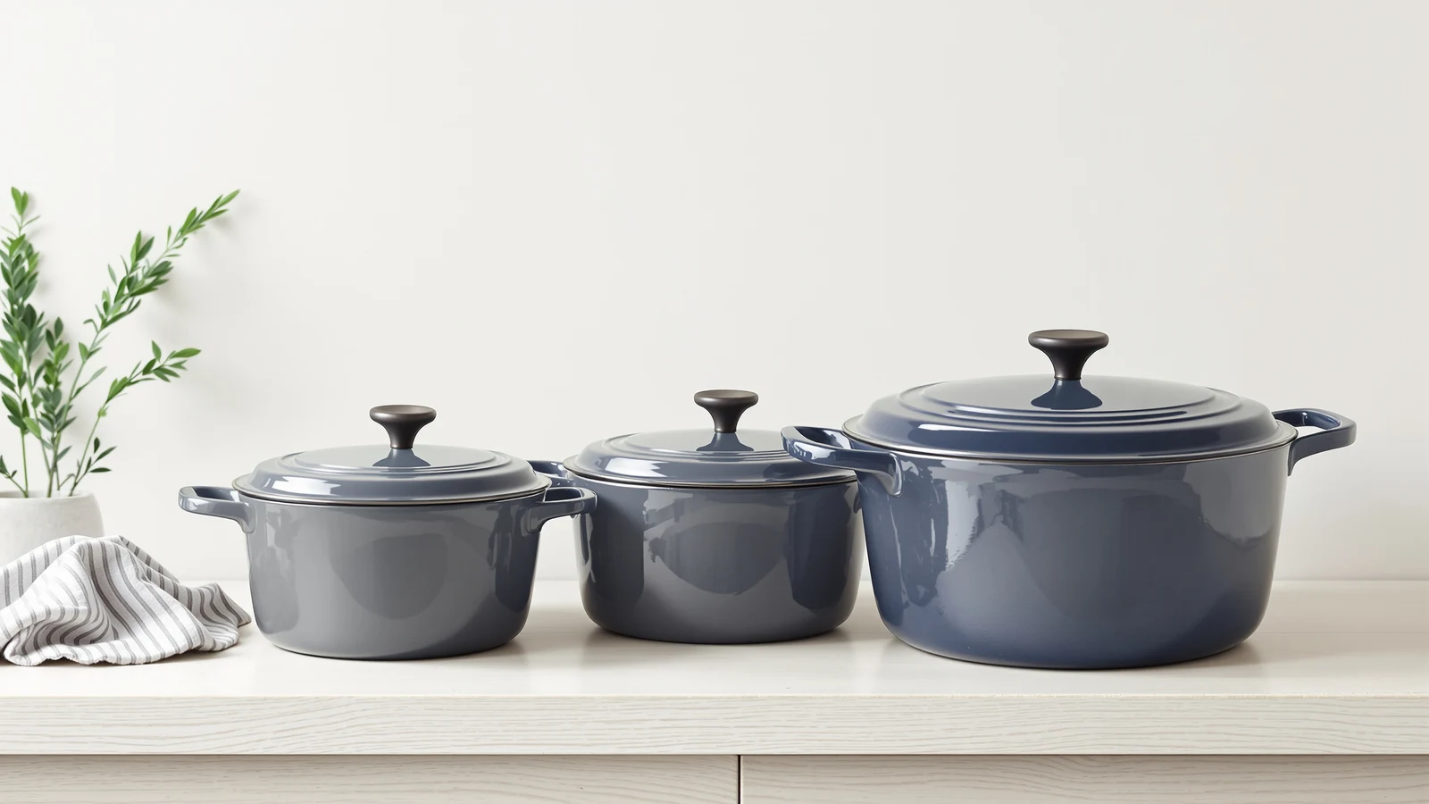 Three enameled cast iron Dutch ovens of different sizes lined up on a kitchen counter